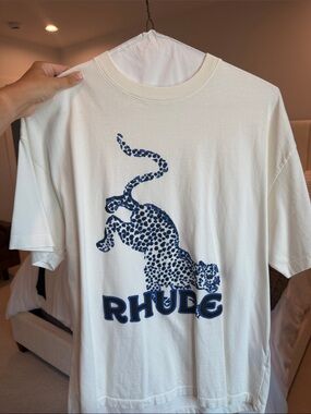 Rhude Cream Tee with Navy Leopard Graphic